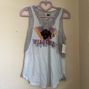 We The Free Light Blue Graphic Lace-Back Tank with Striped Sides